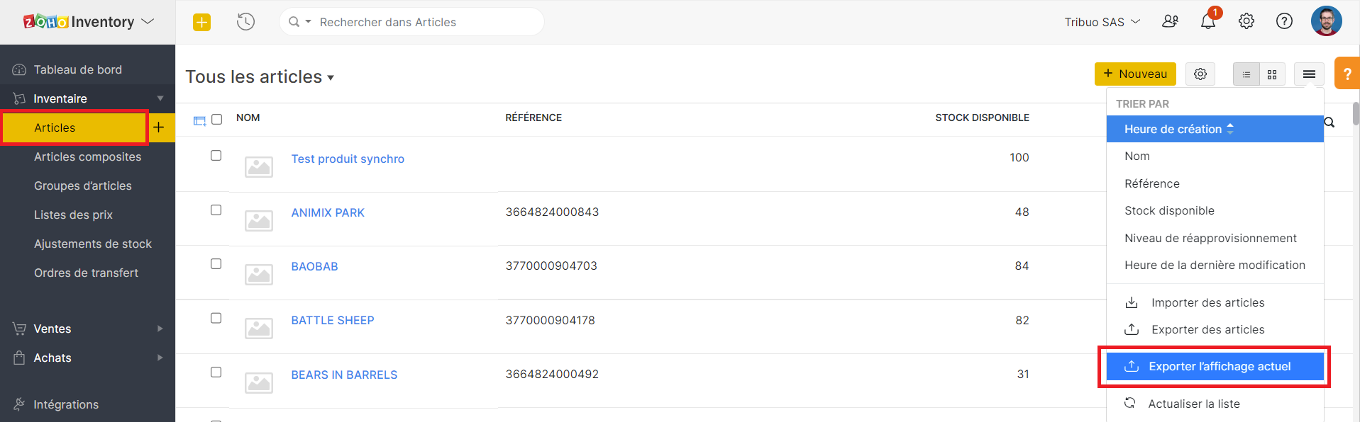 Exporter l'affichage actuel Exporter l'affichage actuel